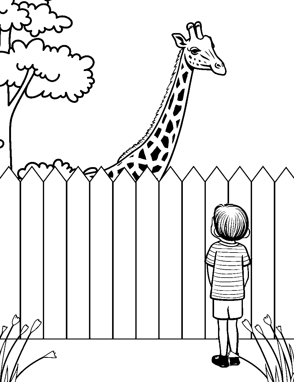 Zoo Day Out Coloring Page - A kid watching a giraffe from up close inside the zoo.