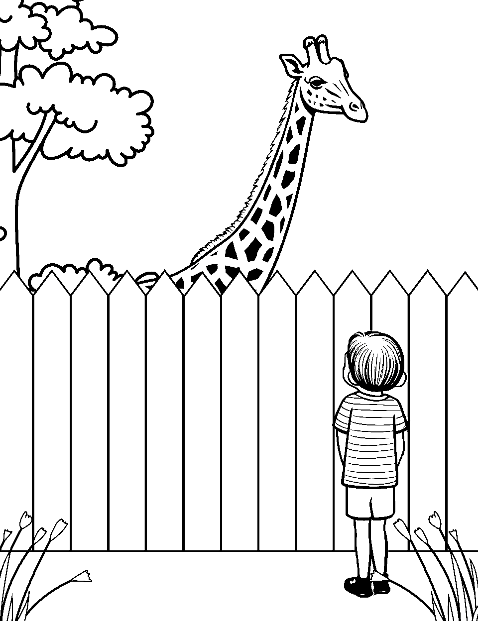 Zoo Day Out Giraffe Coloring Page - A kid watching a giraffe from up close inside the zoo.