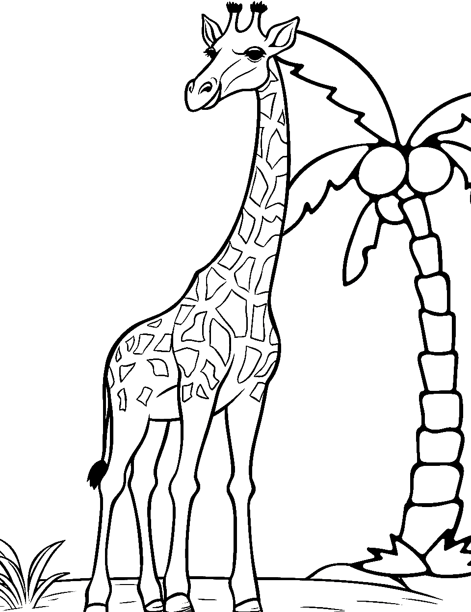 Giraffe's Tall Friend Giraffe Coloring Page - A giraffe standing next to a towering palm tree, comparing heights.