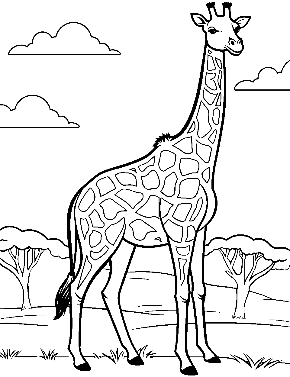 East African Plains Coloring Page - A giraffe walking with African plains in the background.