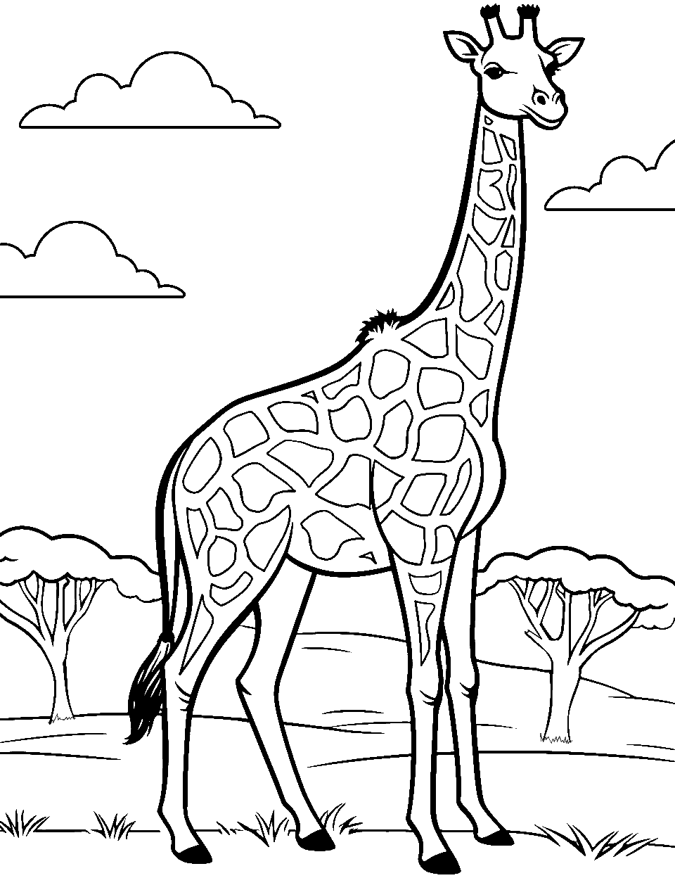 East African Plains Giraffe Coloring Page - A giraffe walking with African plains in the background.