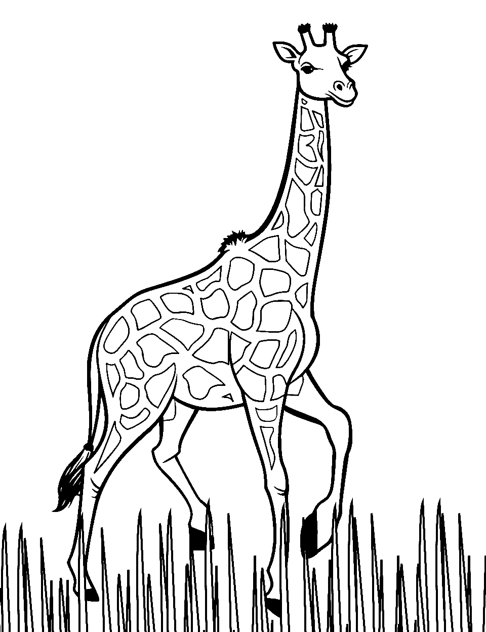 Grassland Gallop Giraffe Coloring Page - A giraffe running swiftly through the open grassland.