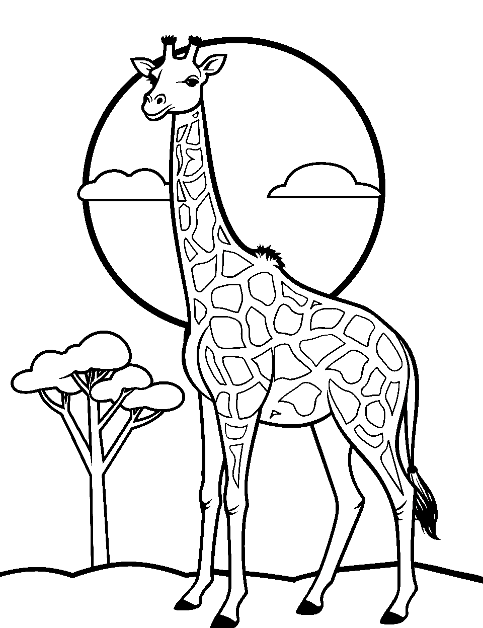 Sunset Silhouette Giraffe Coloring Page - The silhouette of a giraffe against a beautiful African sunset.