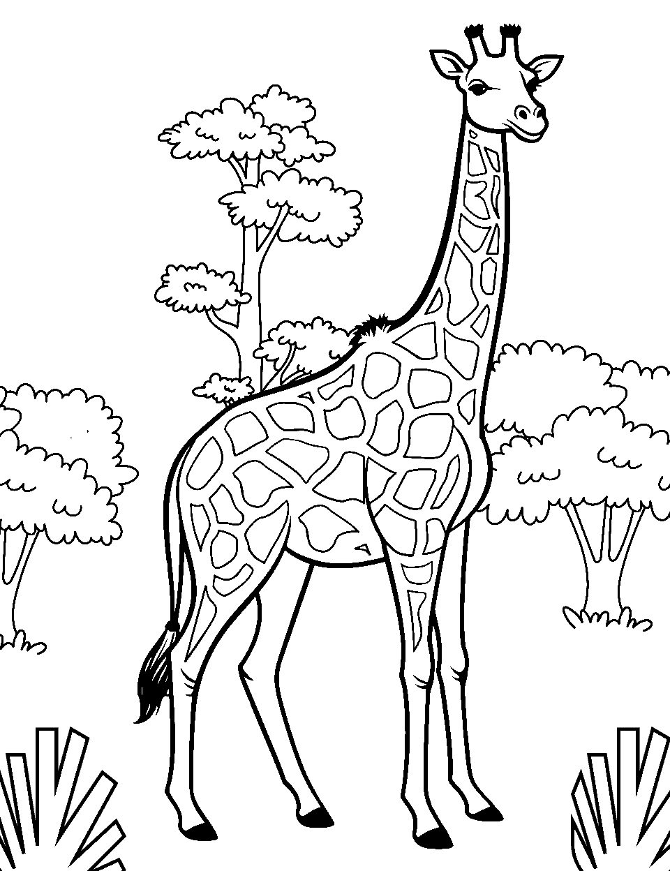 Realistic Safari Giraffe Coloring Page - A giraffe grazing in the grasslands with a distant view of acacia trees.