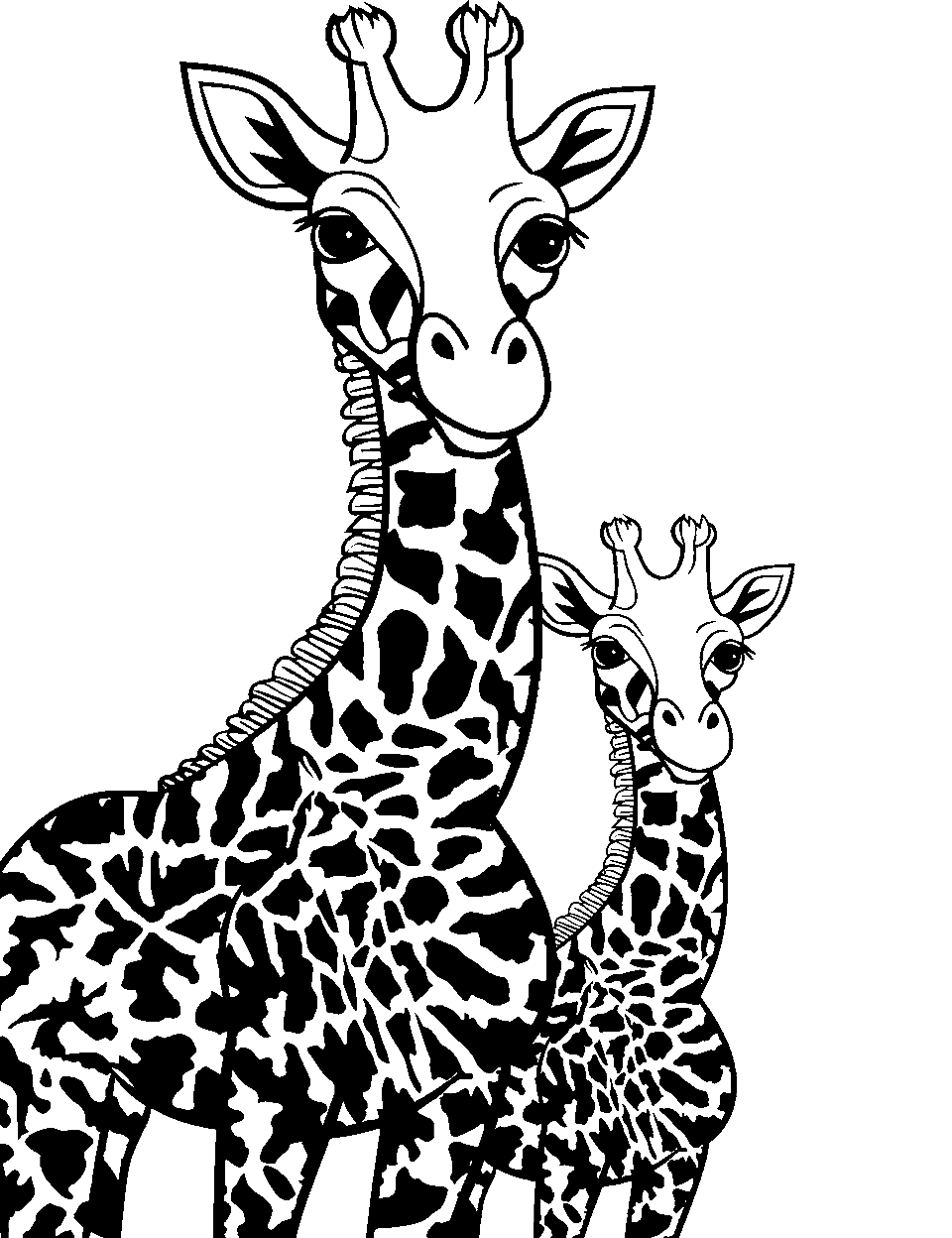 Family Time Coloring Page - A mother giraffe with her calf, standing close together.