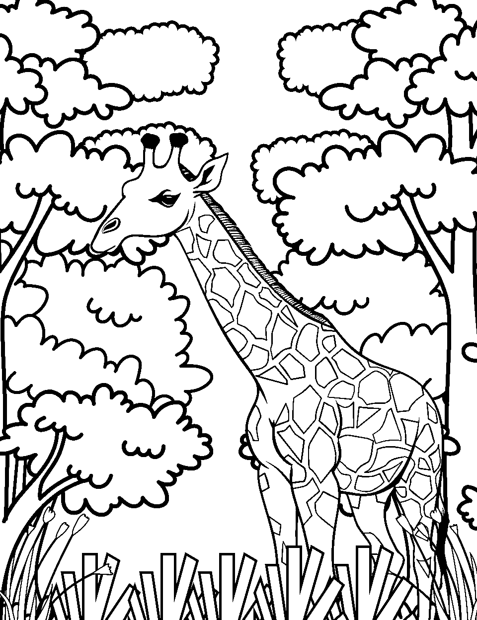 Jungle Explorer Giraffe Coloring Page - A giraffe navigating through the dense bushes of the jungle.