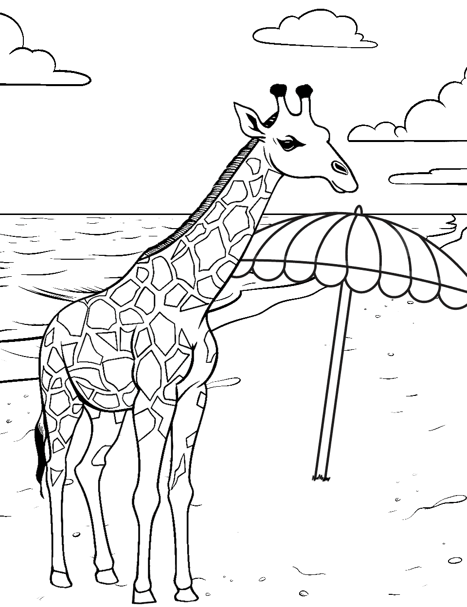 Beach Vacation Giraffe Coloring Page - A giraffe standing near a parasol on a sandy beach.