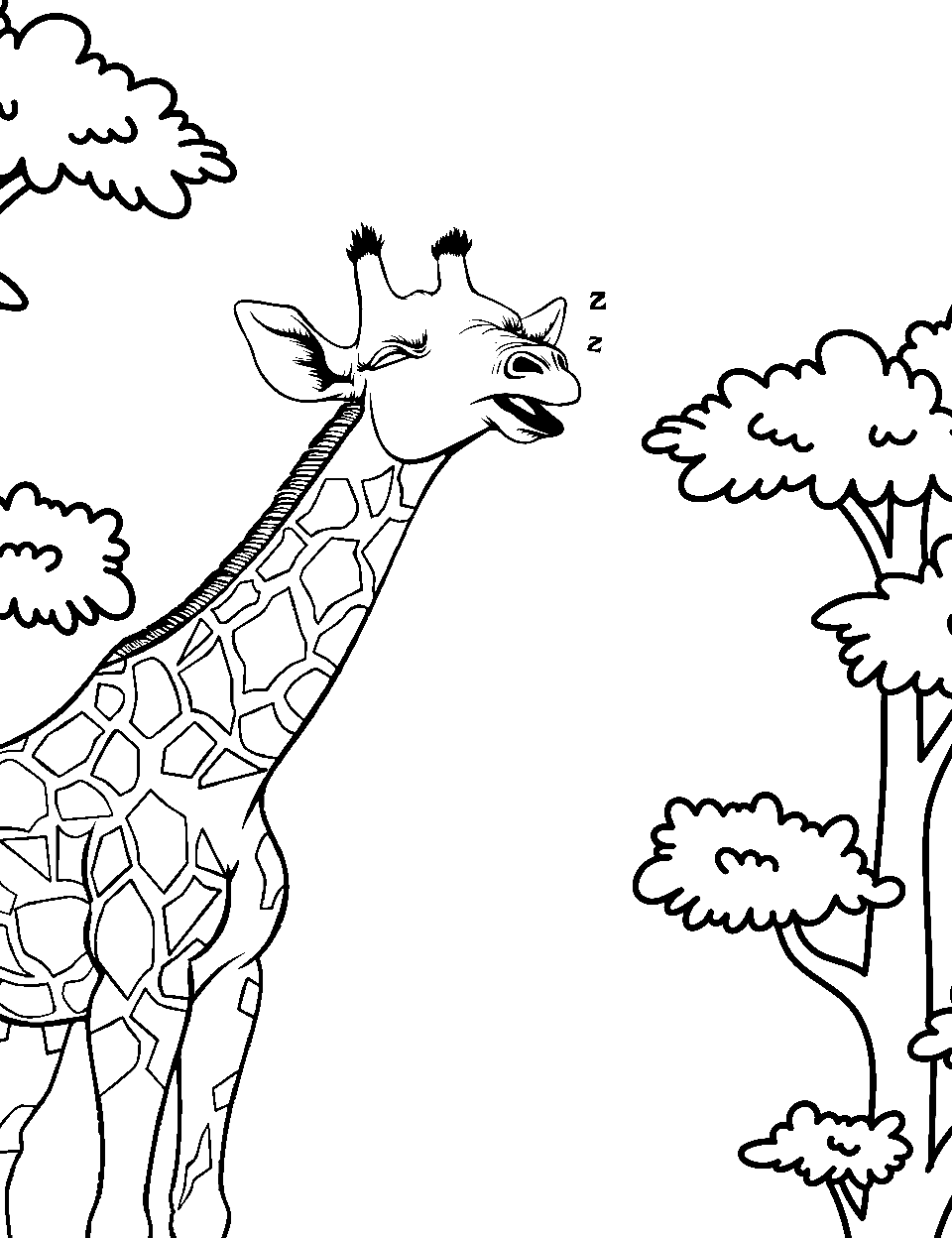 Sleepy Giraffe Coloring Page - A giraffe is yawning and ready to snooze.