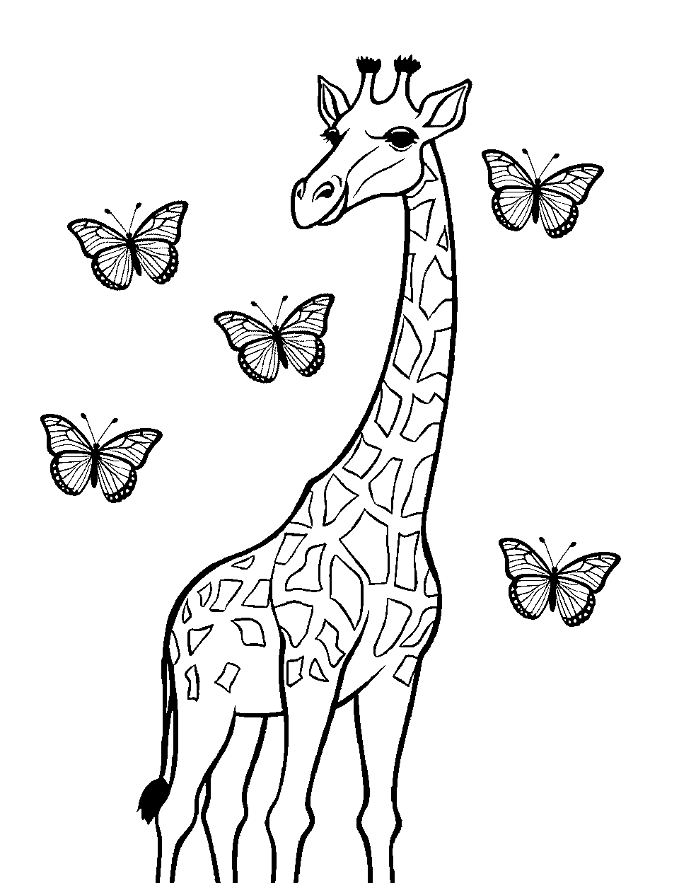 Butterfly Friend Giraffe Coloring Page - A giraffe with butterfly friends flying around.