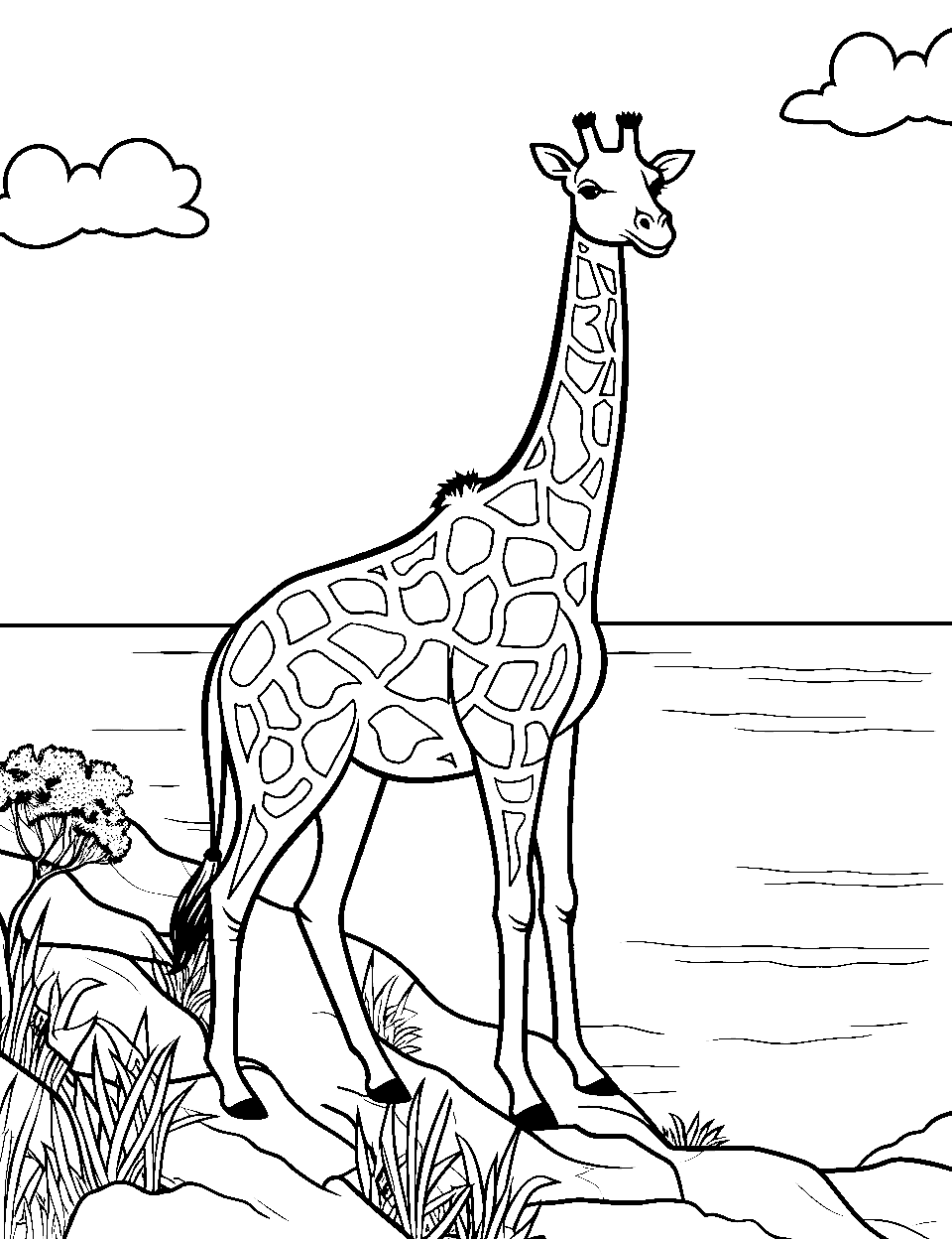 Ocean Breeze Giraffe Coloring Page - A giraffe enjoying the sea breeze on a cliff.