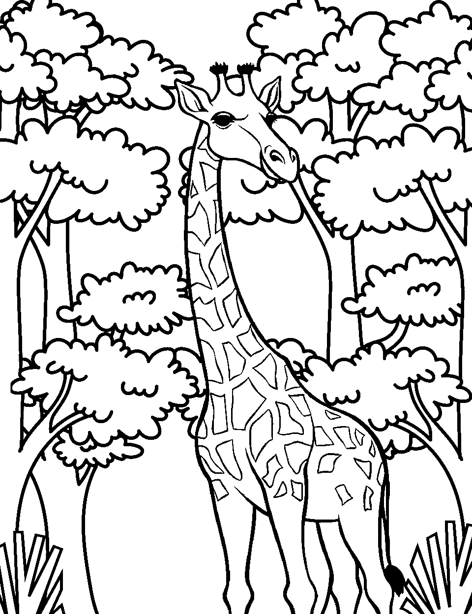 Forest Walk Giraffe Coloring Page - A giraffe wandering through a quiet woodland.