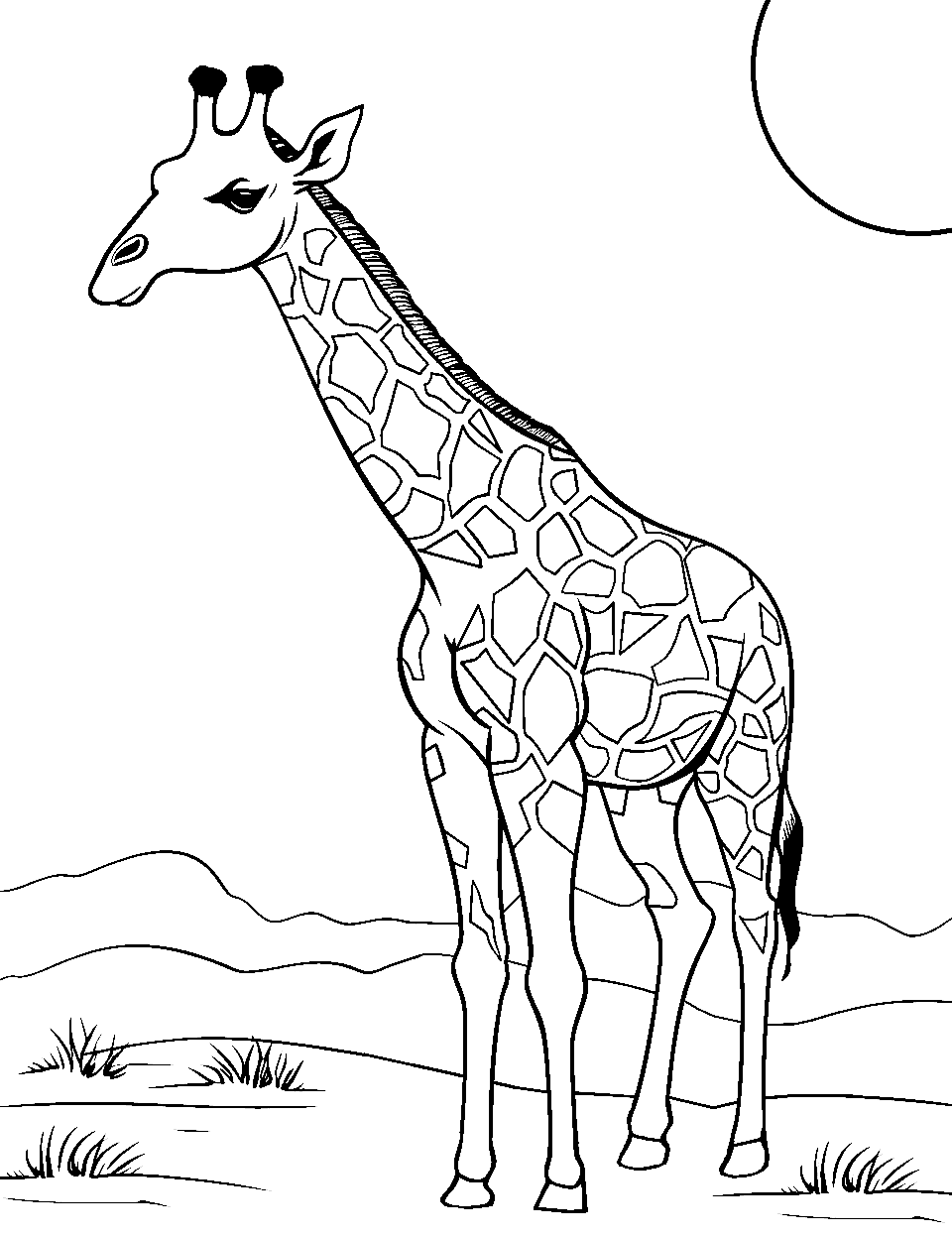 Desert Wanderer Giraffe Coloring Page - A giraffe journeying through sandy dunes.