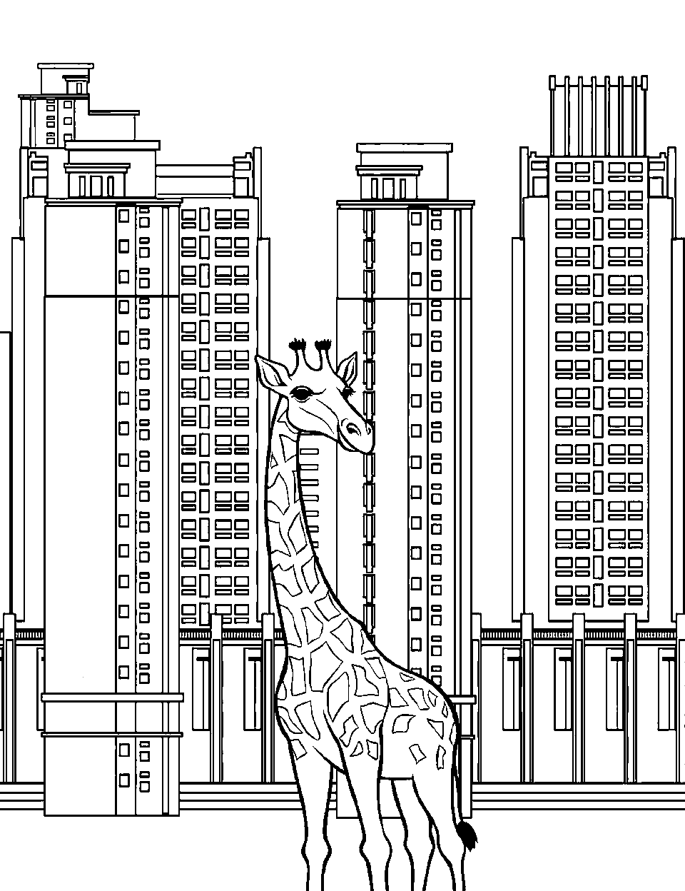 Cityscape Giraffe Fantasy Coloring Page - A giant giraffe observing the bustling city.