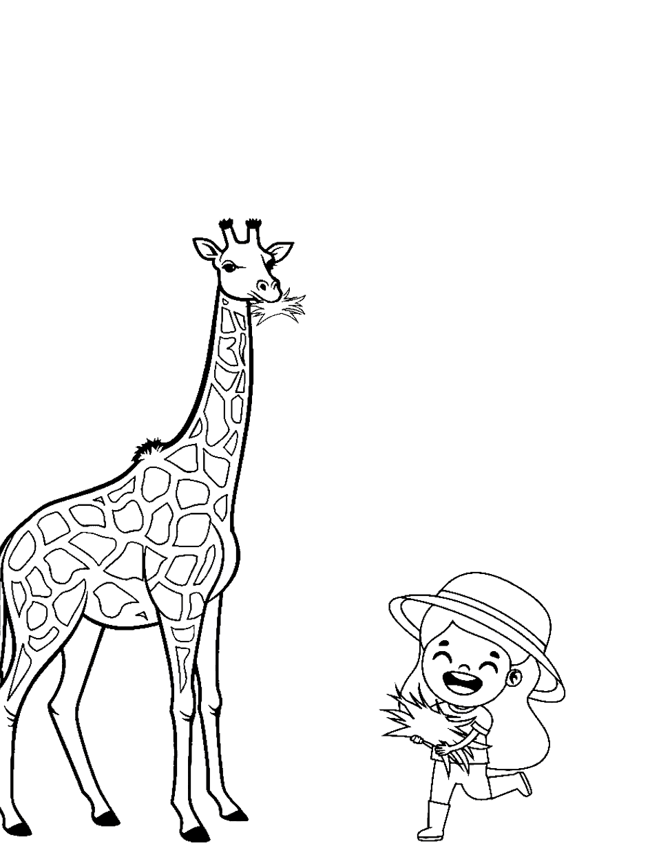 Kid and Giraffe Coloring Page - Happy kid feeding a giraffe.