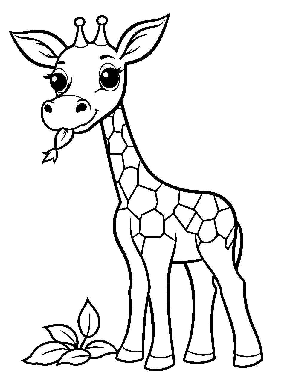 Kawaii Giraffe Snacking Coloring Page - A super cute kawaii giraffe munching on some leaves.