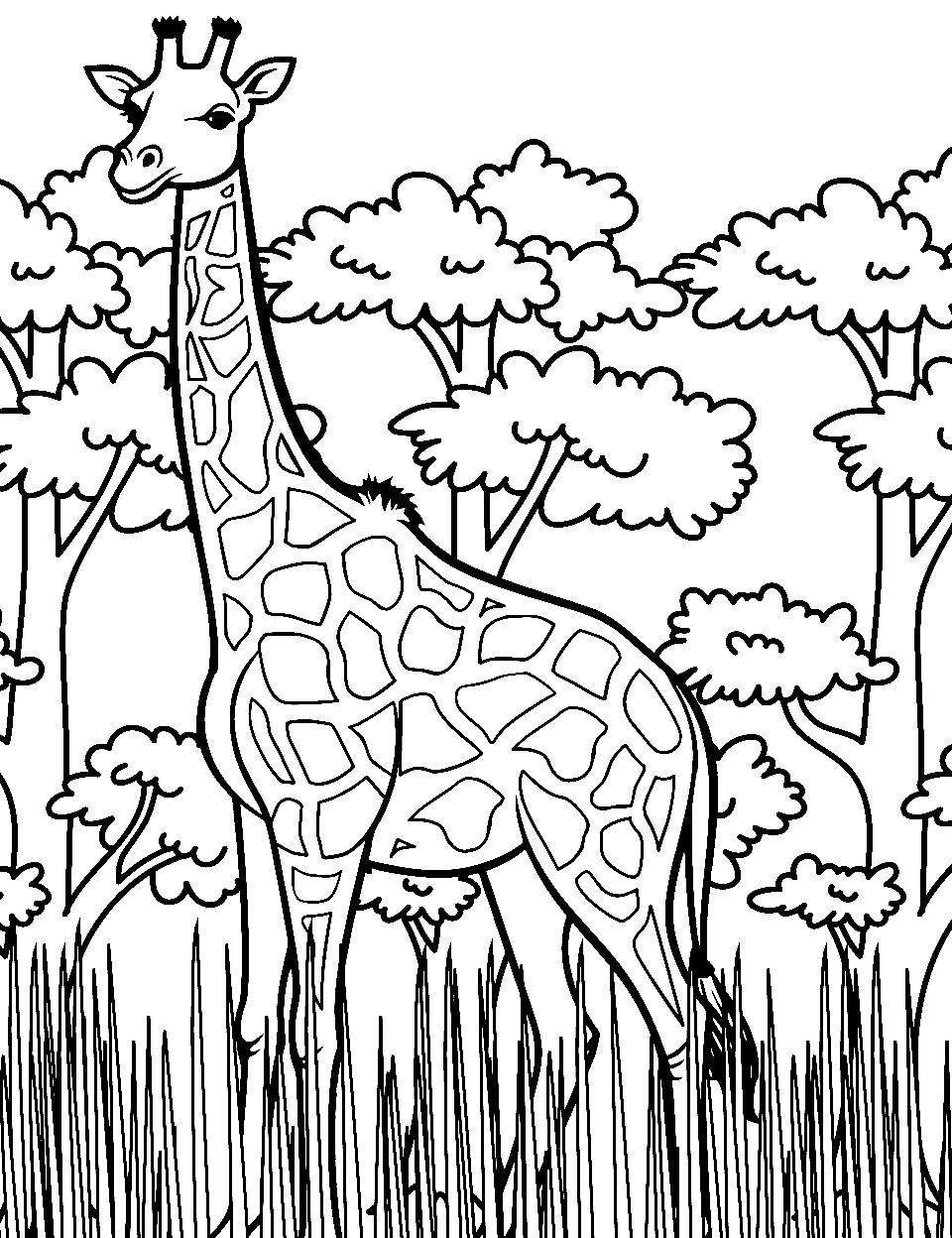 Difficult Giraffe Scene Coloring Page - An intricate scene with a giraffe amidst dense grass and trees.