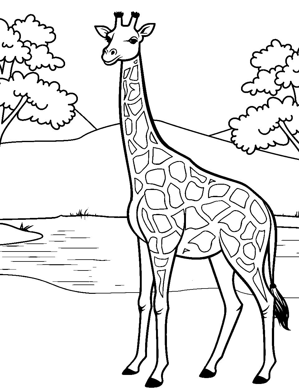 Stress Relief Giraffe Coloring Page - A soothing scene of a giraffe by a watering hole.
