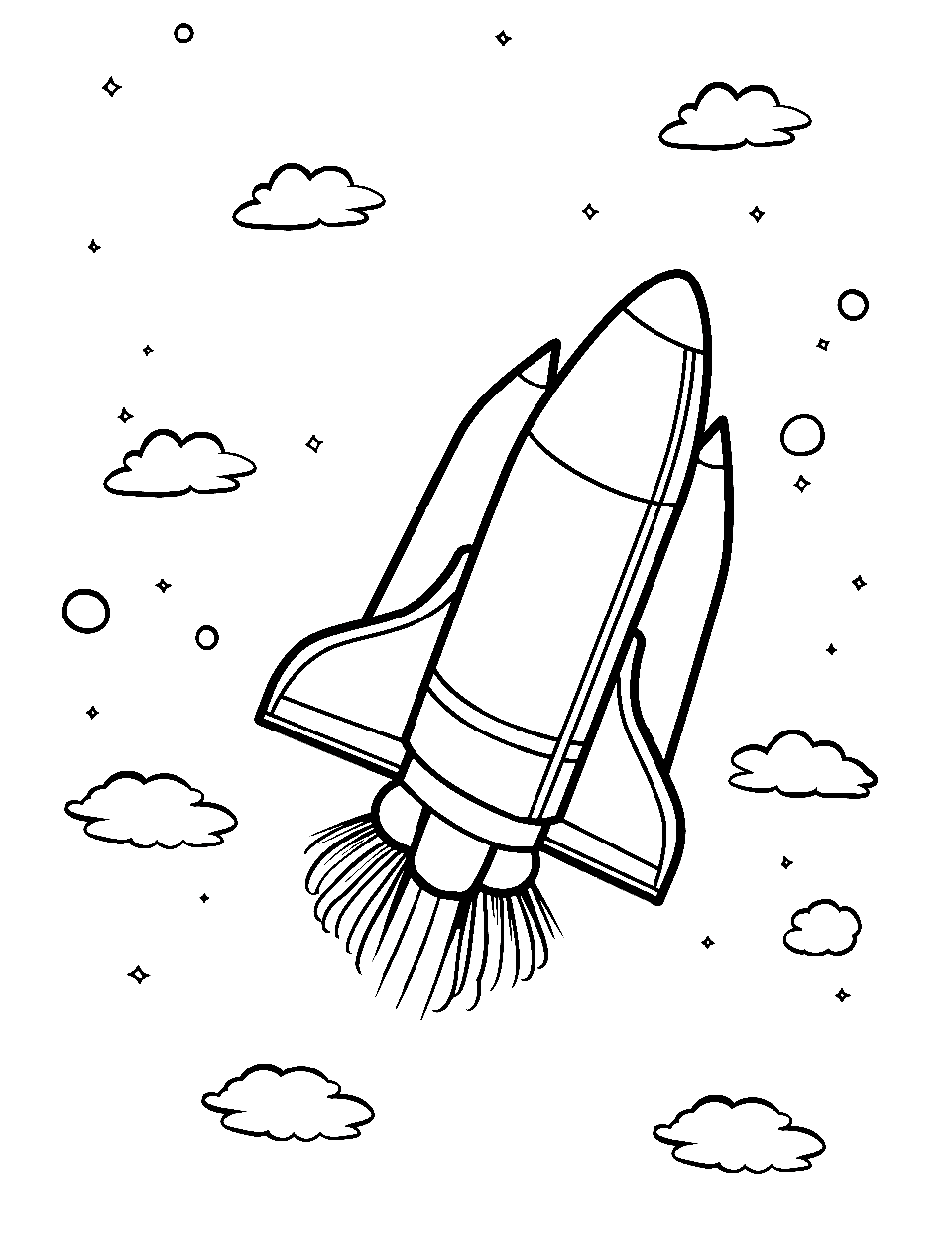 Space Shuttle Soaring Coloring Page - A space shuttle zooming upwards.