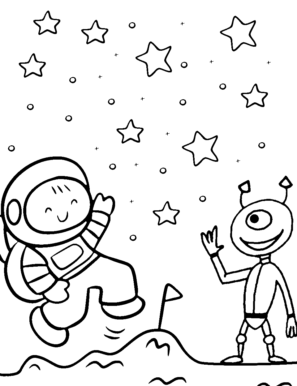 Friendly Alien Encounter Outer Space Coloring Page - An astronaut and a friendly alien mimicking the astronaut and standing together.