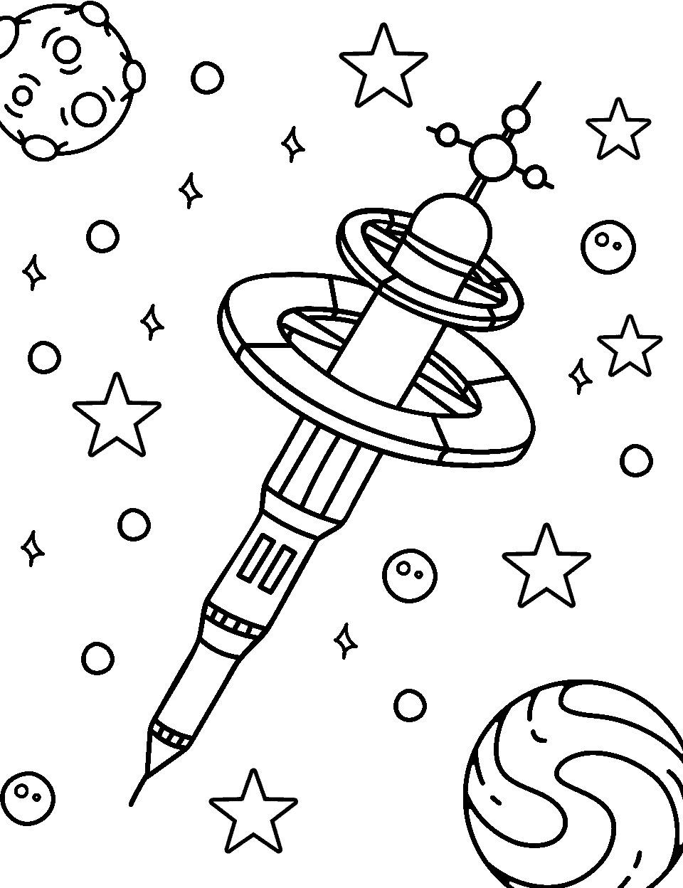 Floating Space Station Outer Coloring Page - A space station hovering amidst a backdrop of stars.