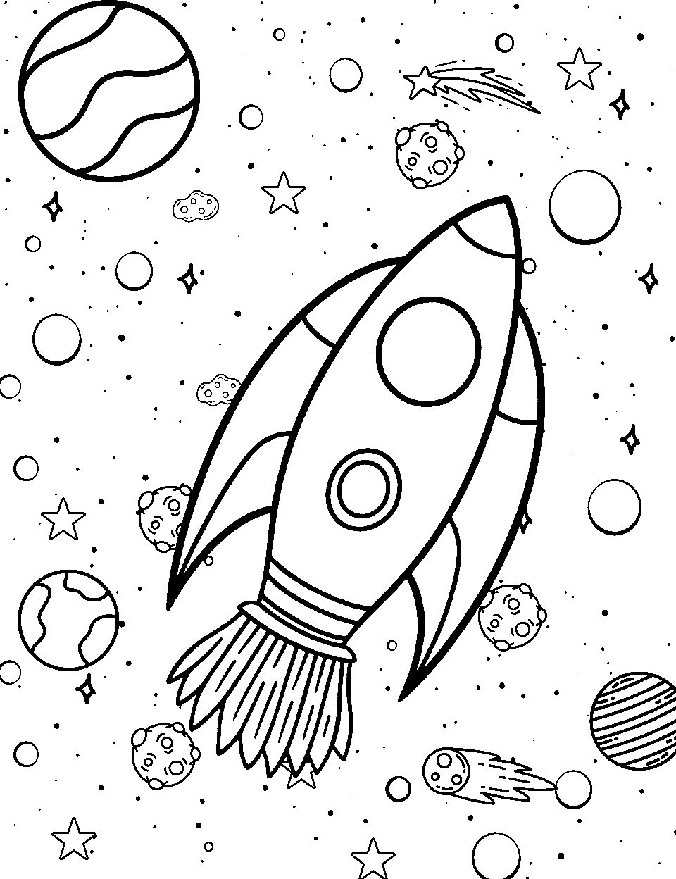 Interstellar Journey Coloring Page - A spaceship traveling between bright stars and nebulae in deep space.