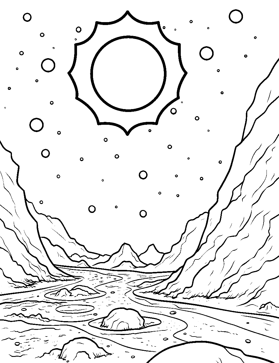 Mercury's Hot Surface Coloring Page - The rocky terrain of Mercury with sun rays glaring down.