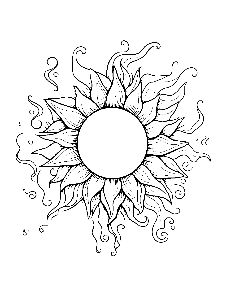 Sun's Fiery Fury Outer Space Coloring Page - The sun bursting with flames.