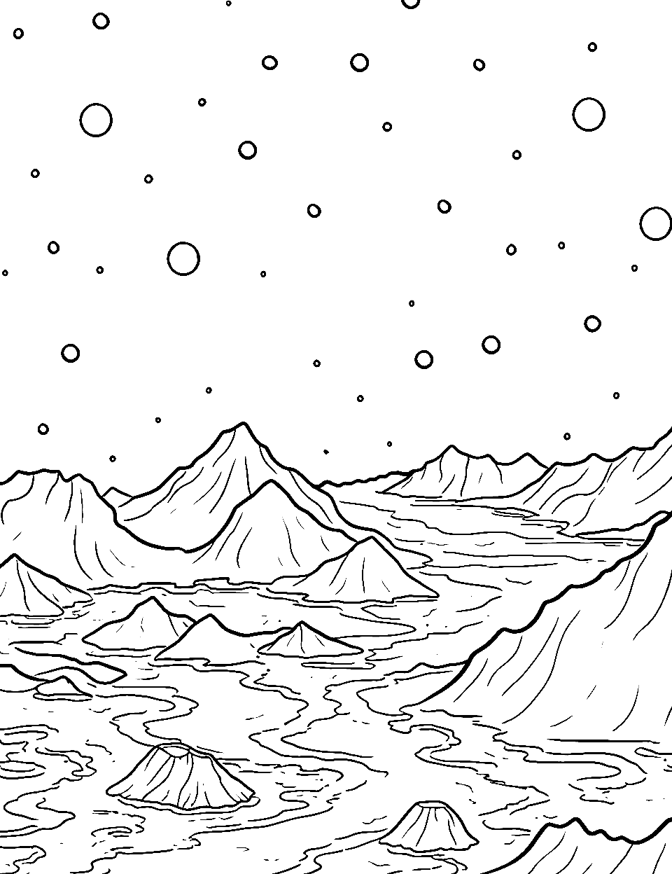 Mars's Red Mystique Outer Space Coloring Page - The reddish terrain of Mars with mountains and valleys.