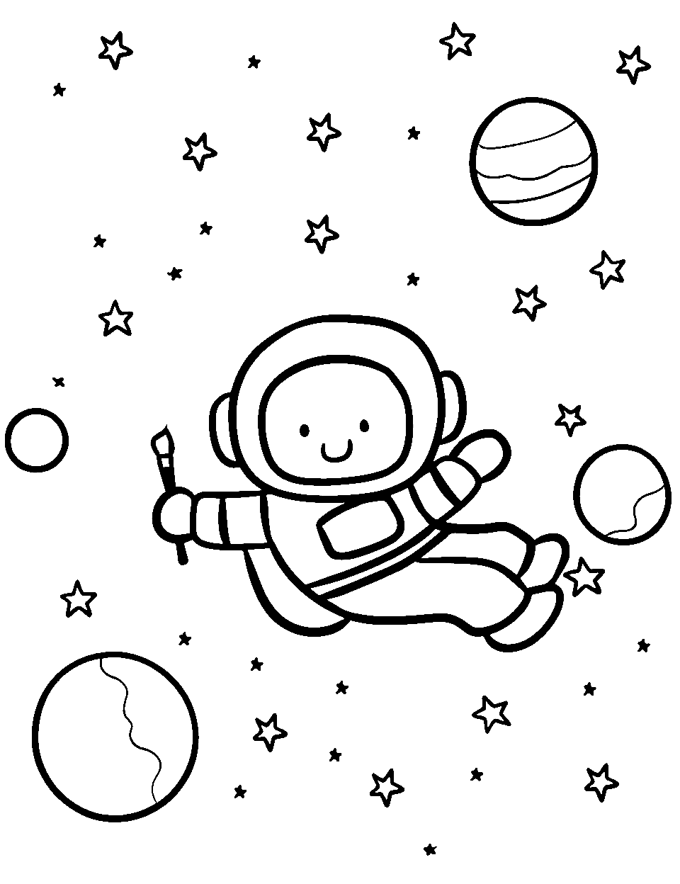 Artistic Astronaut Outer Space Coloring Page - An astronaut with a paintbrush ready to paint on the stars and planets in space.