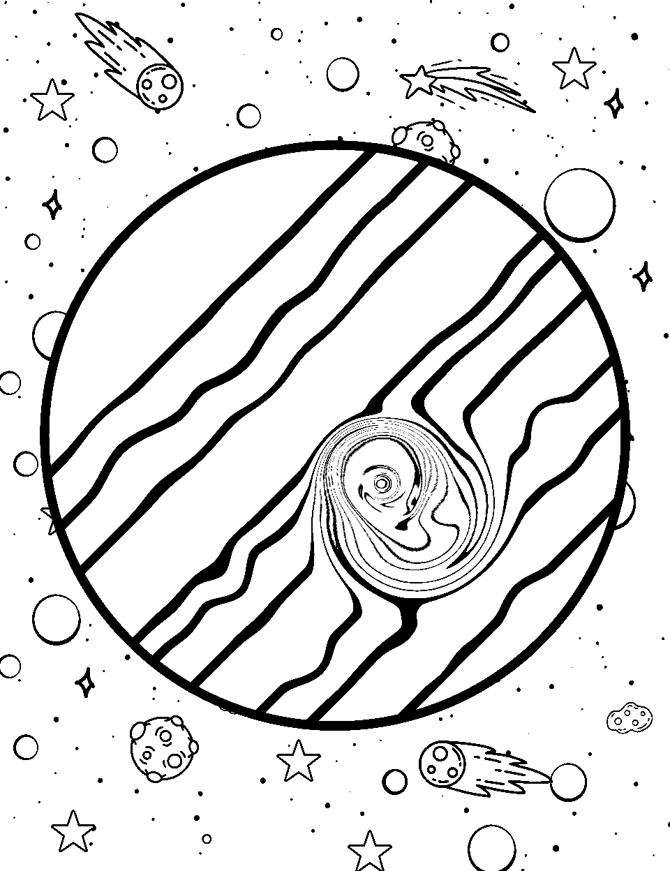 Jupiter's Giant Storm Coloring Page - The massive storm of Jupiter, also known as the Great Red Spot.