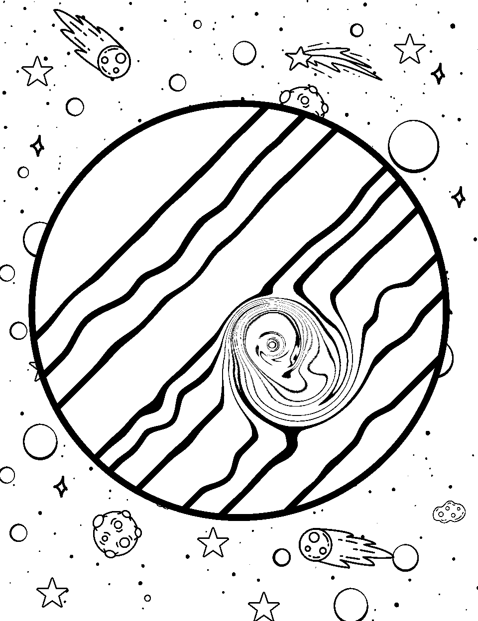 Jupiter's Giant Storm Outer Space Coloring Page - The massive storm of Jupiter, also known as the Great Red Spot.