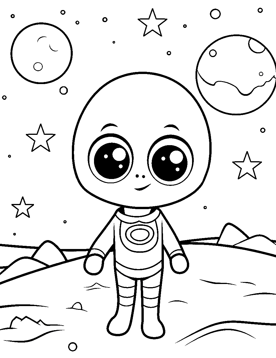 Cute Alien on Mars Coloring Page - A kawaii-style alien on the red surface of Mars.