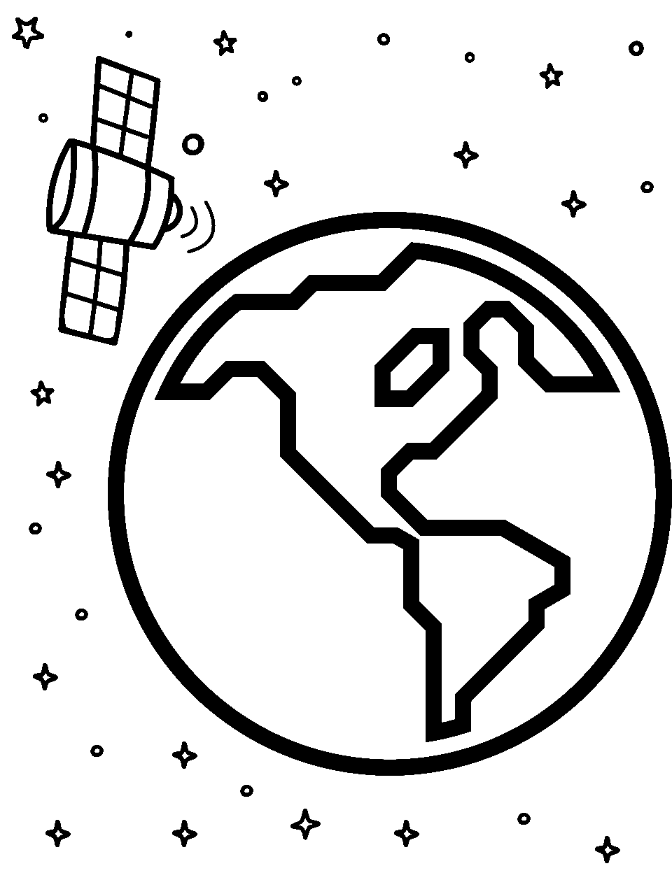 Satellite Signal Outer Space Coloring Page - A satellite orbiting Earth and sending out signal waves.