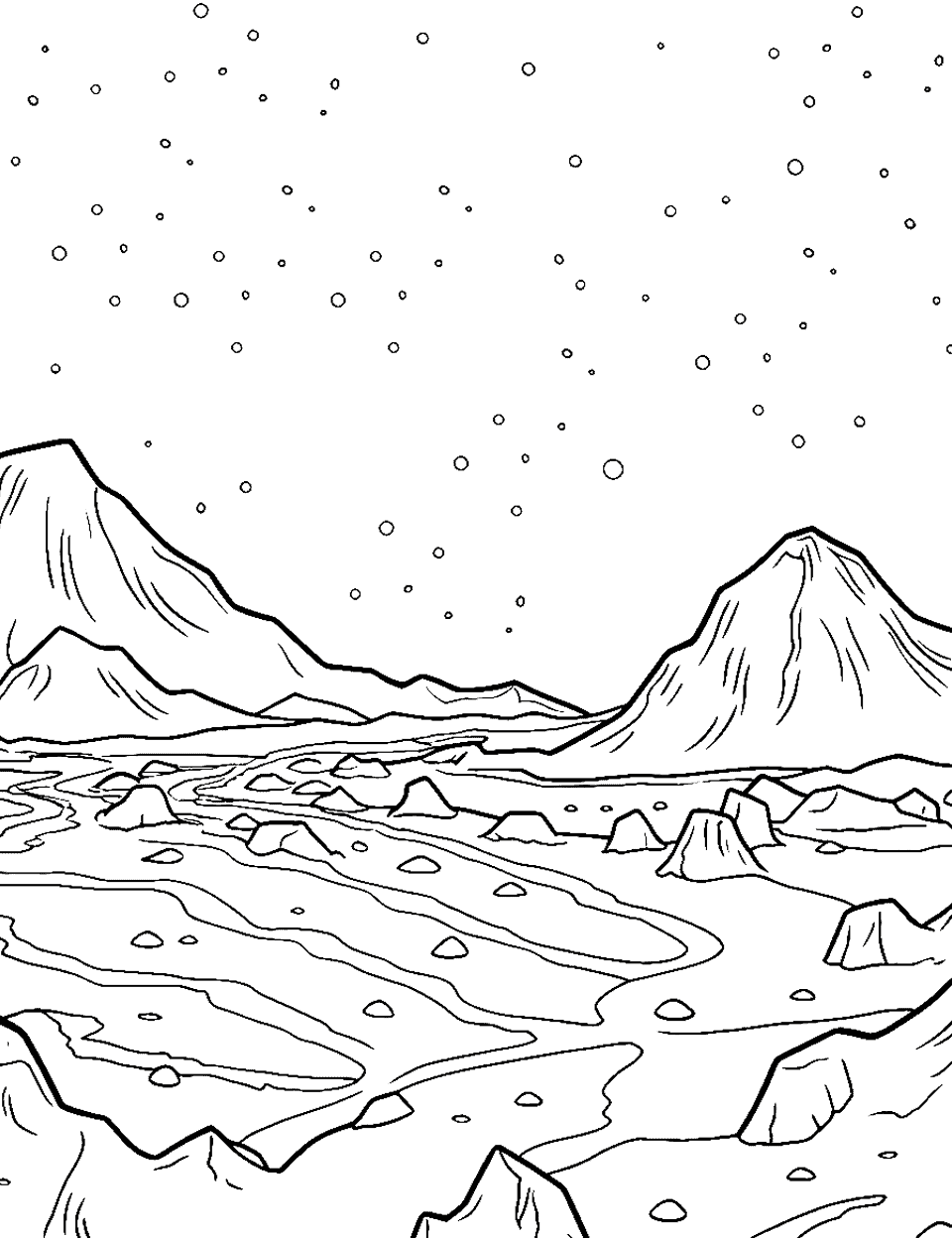 Pluto's Icy Terrain Coloring Page - The dwarf planet Pluto with icy mountains and valleys.