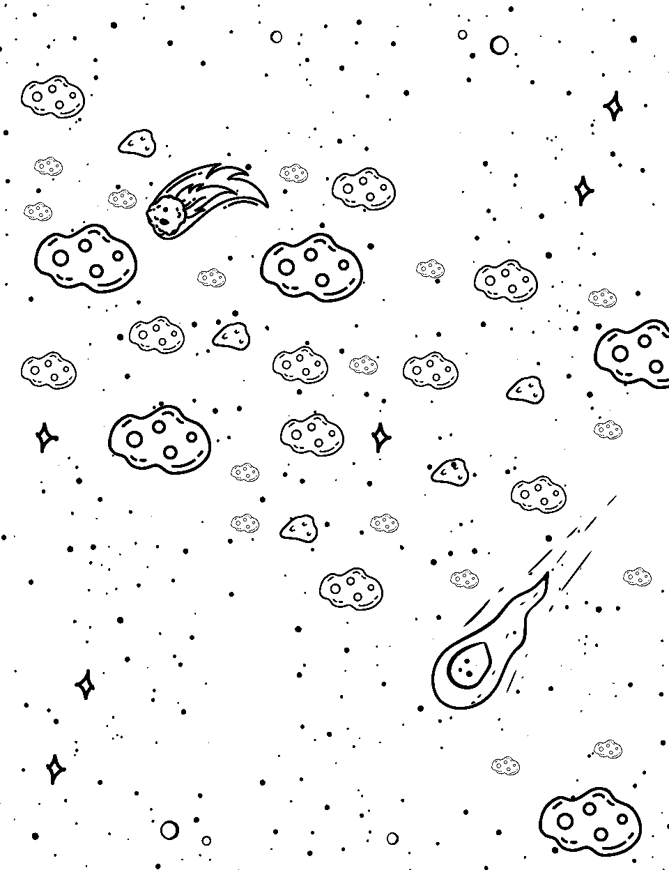 Asteroid Belt Adventure Outer Space Coloring Page - Various-sized asteroids clustered in a belt formation.