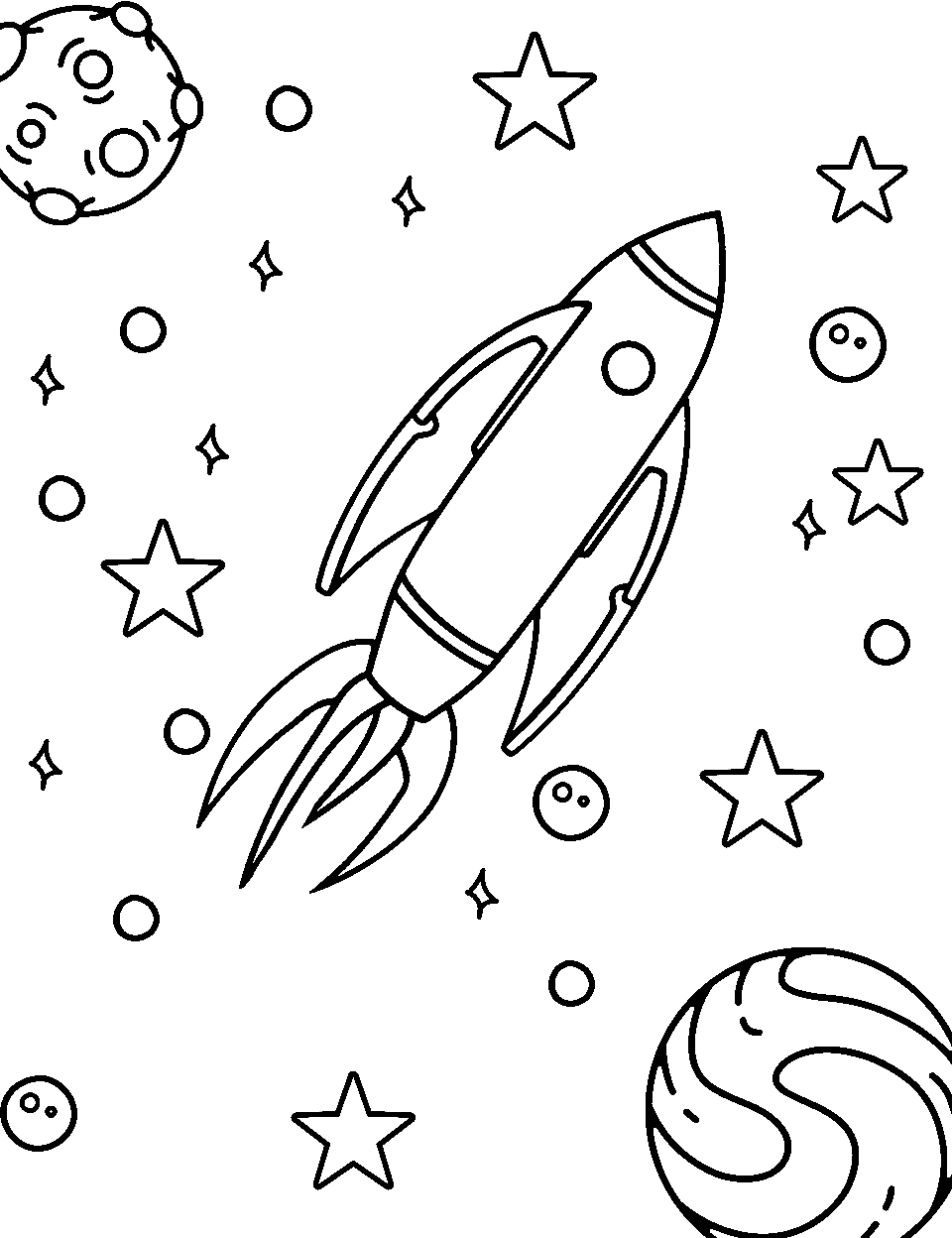 Spaceship Speed Race Outer Space Coloring Page - A spaceship racing amidst the stars and planets.