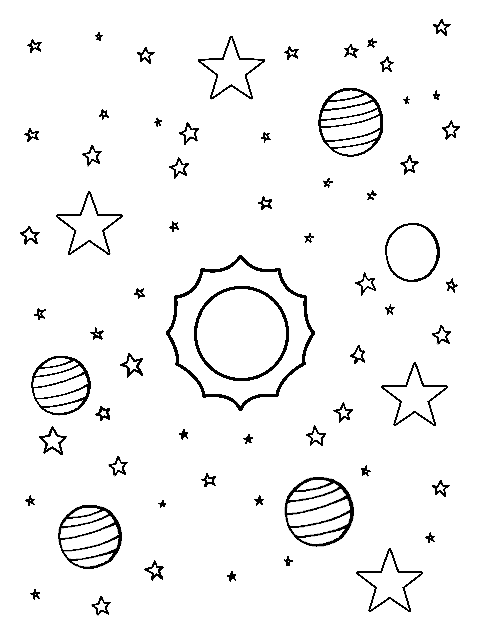 Science of Stars Coloring Page - Different types of stars arranged together.