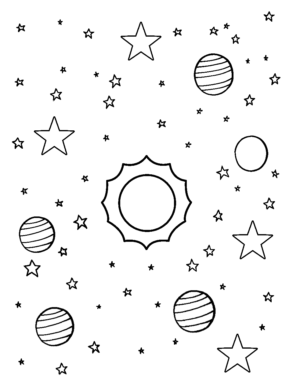 Science of Stars Outer Space Coloring Page - Different types of stars arranged together.