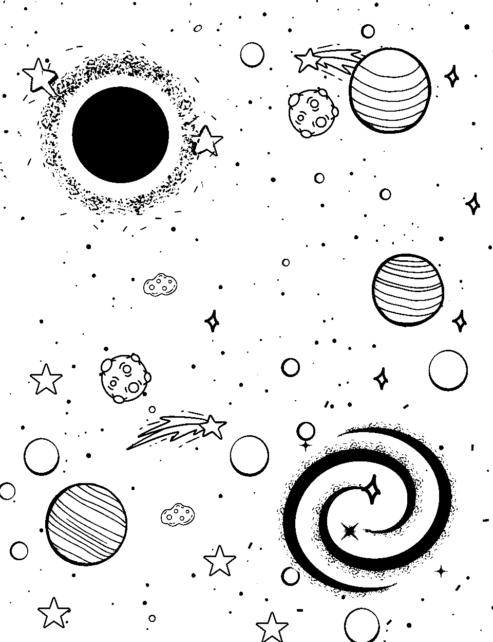 Universe's Infinite Wonders Coloring Page - Various celestial bodies like black holes, nebulae, and dwarf stars.