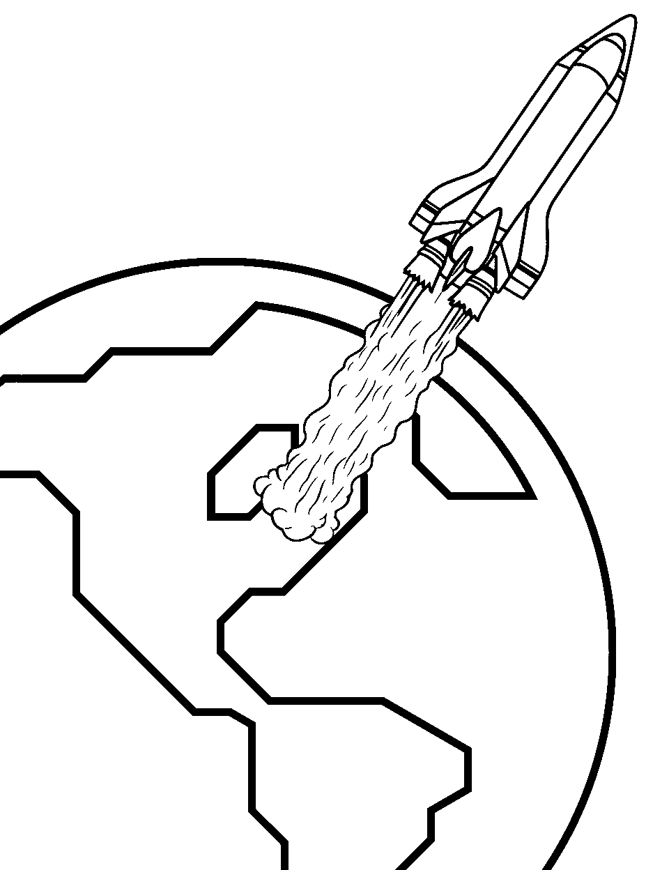 Realistic Rocket Launch Outer Space Coloring Page - Detailed view of a rocket taking off from Earth.