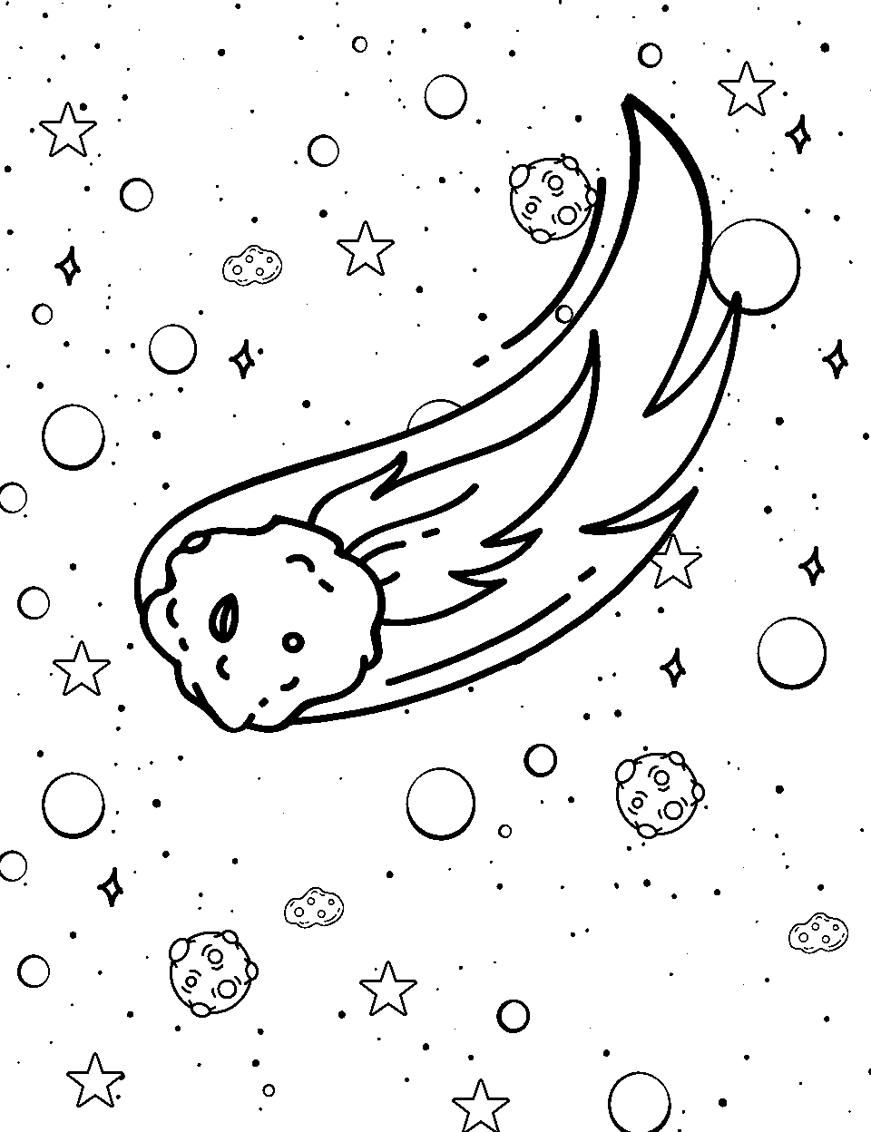 Comet's Tail Trail Coloring Page - A comet with a long, fiery tail moving through space.