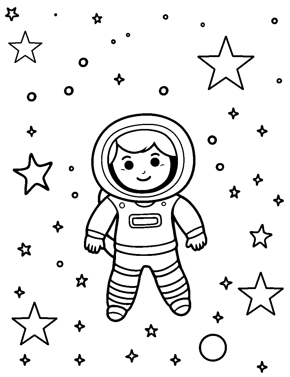 Kindergarten Astronaut Outer Space Coloring Page - A child astronaut floating in space with stars all around.