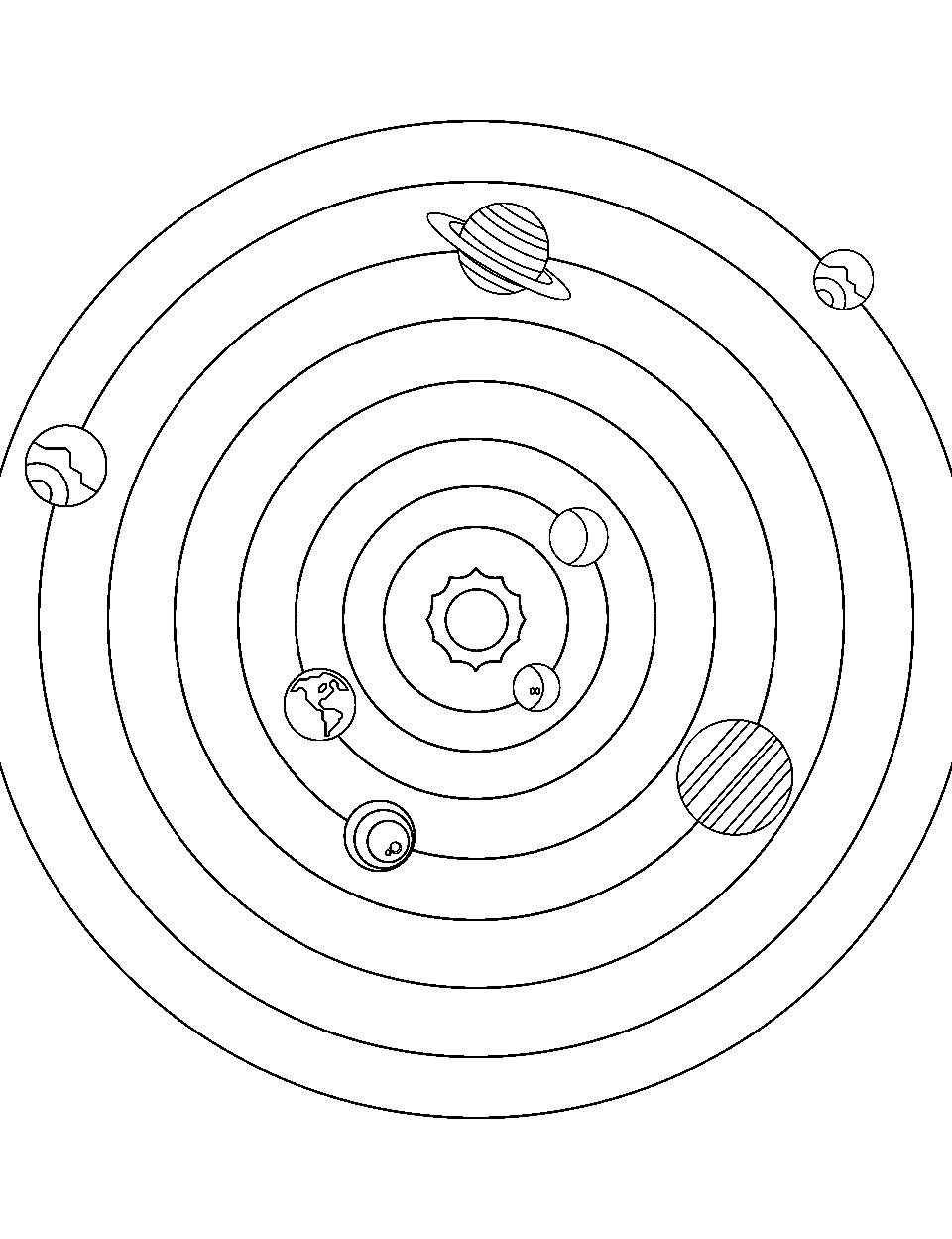 Solar System Spiral Coloring Page - Planets arranged in a spiral formation with the sun at the center.