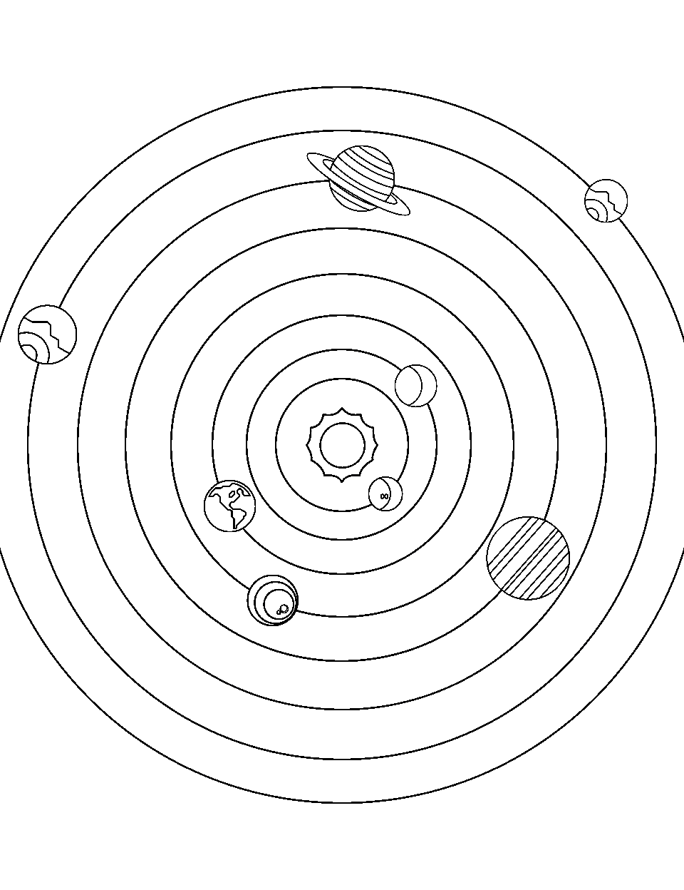 Solar System Spiral Outer Space Coloring Page - Planets are arranged in a spiral formation with the sun at the center.