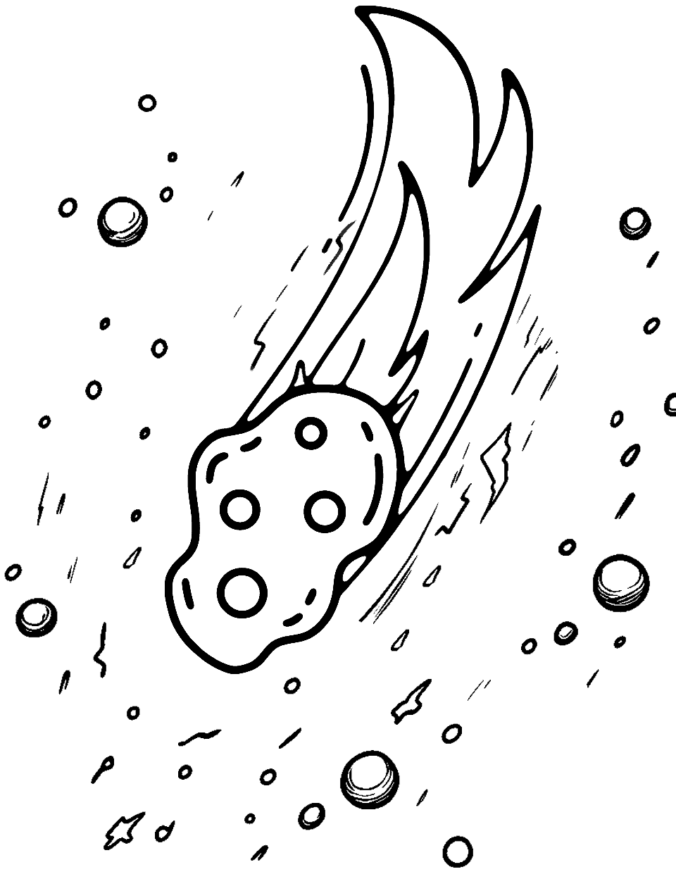 Flaming Asteroid Fall Outer Space Coloring Page - Flames streak back from a large cratered asteroid as it tears along, with small rocks and dashes scattered around it. A sliver of planet shows in the corner as the asteroid enters Earth’s atmosphere, flames building as it falls. Reds and oranges in the flame against a gray rock give the most drama. The craters are big enough to color one by one, which little kids enjoy.