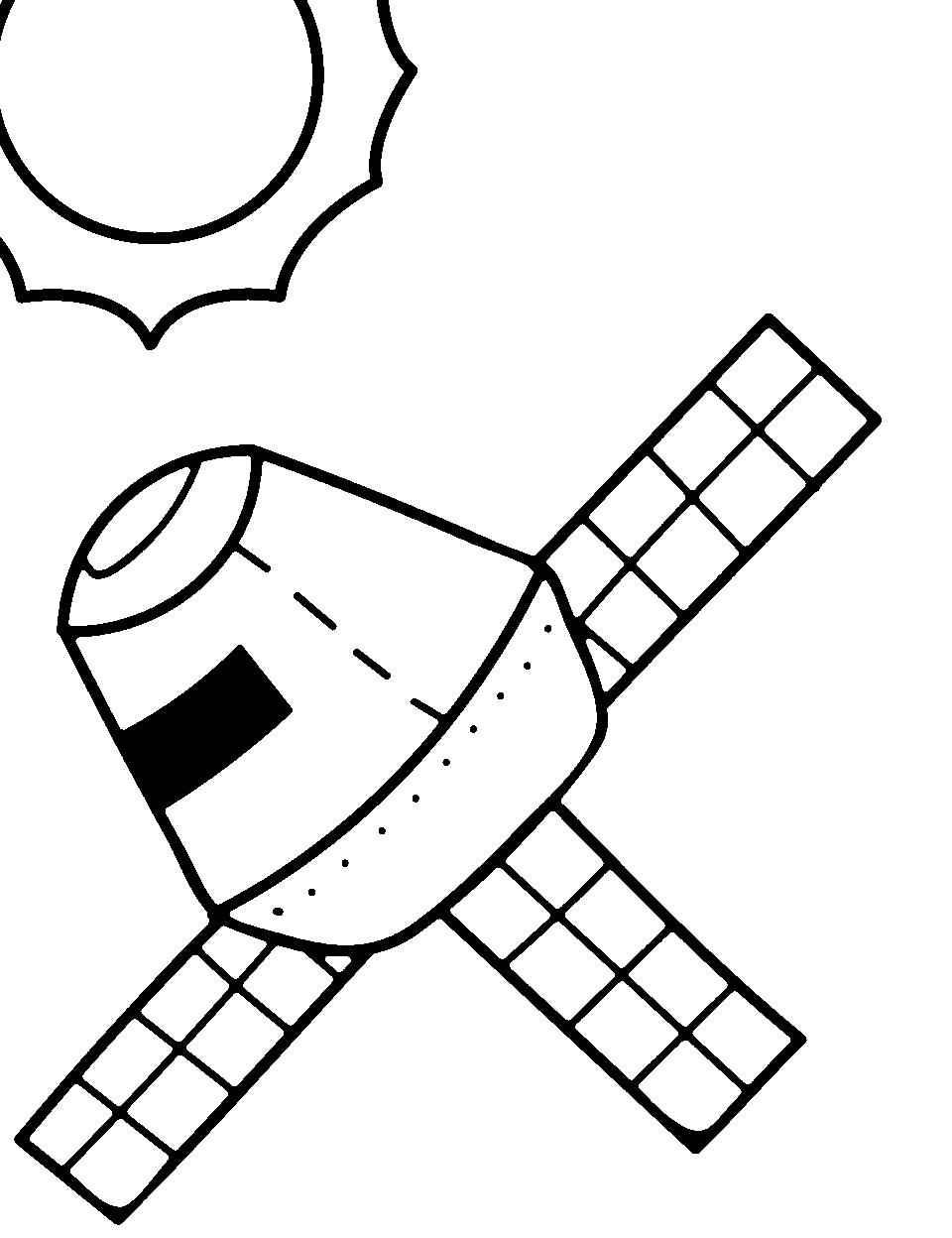 Satellite's Solar Sails Outer Space Coloring Page - A satellite with large solar sails collecting energy.