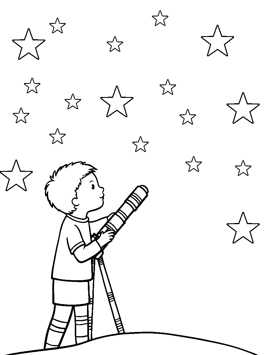 Toddler's Telescope Time Outer Space Coloring Page - A toddler gazing up at the sky through a colorful telescope.