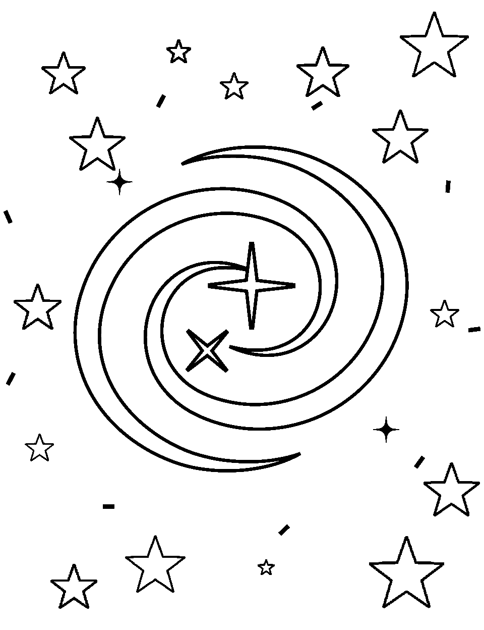 Kindergarten Galaxy Gaze Outer Space Coloring Page - A simple galaxy design with bold colors, suitable for kindergarteners.