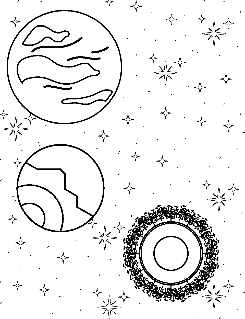 Art of the Astral Outer Space Coloring Page - Abstract patterns of stars, planets, and nebulae.