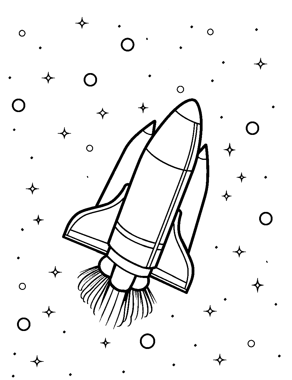 Spaceshuttle's Starry Voyage Coloring Page - A space shuttle traveling through a starry stretch of space.